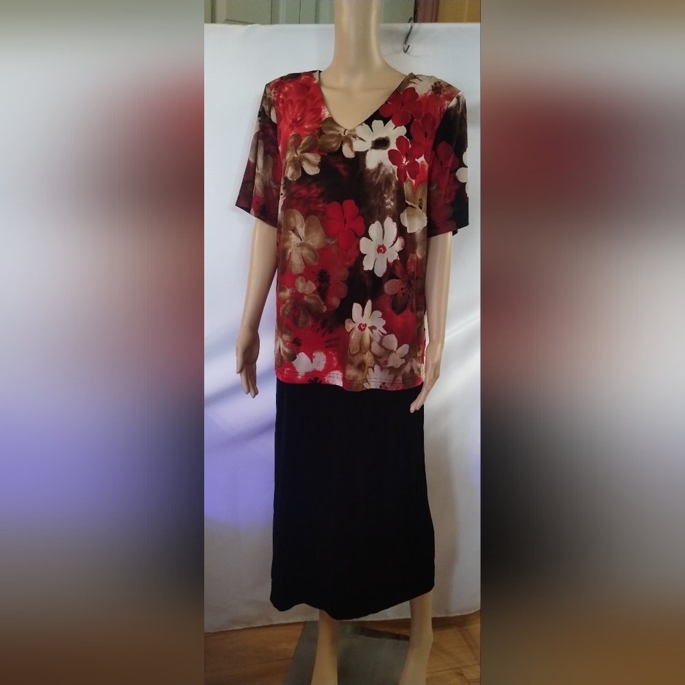 En Focus Women’s Dress Size 18 Floral Top Black Skirt Midi Stretch Career Casual